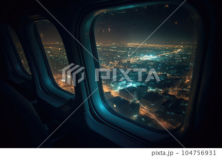 View of the night city from the airplane window. Night cityscape. Travel and tourism concept. Generative AI 104756931