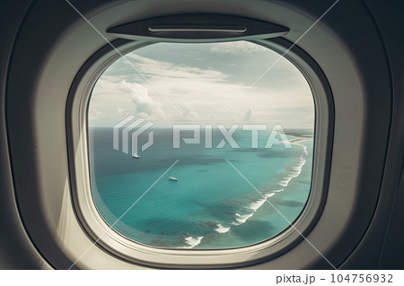View of the beach and sea the airplane window. Travel and tourism concept. Generative AI 104756932