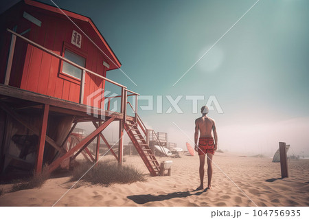 Lifeguard on the beach looking at the sea. Safety while swimming. Generative AI 104756935