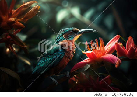Colored tropical bird and beautiful surreal flowers. Generative AI 104756936
