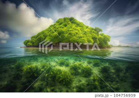 A tropical island in the middle of the ocean. Palm trees and beach on the island. Generative AI 104756939