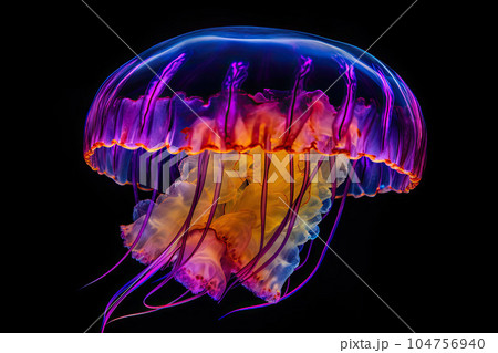 Jellyfishes swimming in the sea. Beautiful illuminated jellyfish. Generative AI 104756940