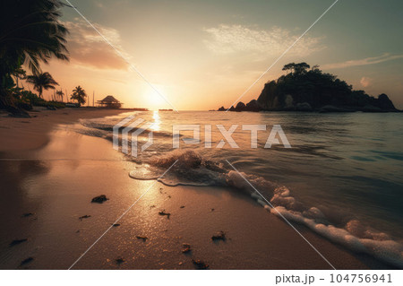 Sunset on a tropical island. Palm trees and beach on the island. A place to relax Generative AI 104756941
