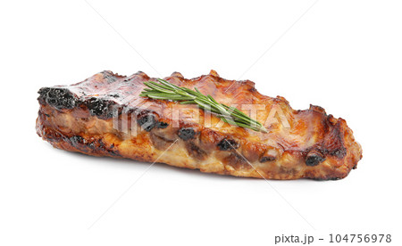 Tasty grilled ribs with rosemary isolated on white 104756978