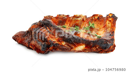 Tasty grilled ribs with thyme isolated on white 104756980