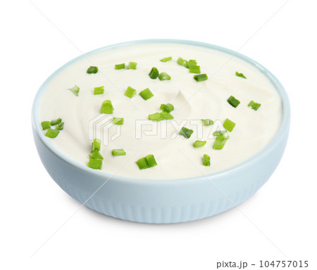 Fresh sour cream with onion on white background 104757015