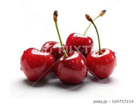 Cherry close-up on white background. Drops of water on ripe berries. AI generated 104757214