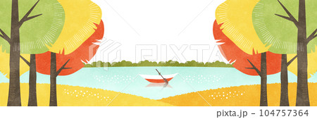 紅葉した木々から覗く湖のボートの風景 秋の水彩背景イラスト 紅葉した木々から覗く湖のボートの風景 秋の水彩背景イラスト 104757364