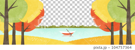 湖上一艘船的風景，透過秋葉窺視秋季水彩背景圖 104757364