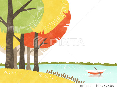 紅葉した大きな木々と湖のボートの風景 秋の水彩背景イラスト 104757365