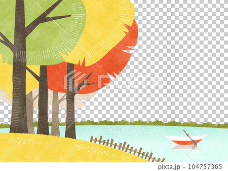 大樹景觀與秋葉和湖上的小船秋季水彩背景圖 104757365
