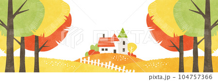 紅葉した木々から覗く丘の上の家の風景 秋の水彩背景イラスト 104757366