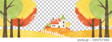 紅葉した木々から覗く丘の上の家の風景 秋の水彩背景イラスト 104757366
