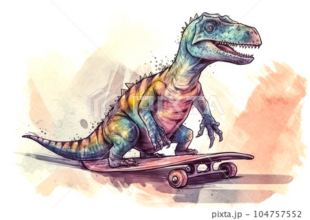 watercolor artwork featuring a hipster T-Rex riding a skateboard ai generation watercolor artwork featuring a hipster T-Rex riding a skateboard ai generation 104757552