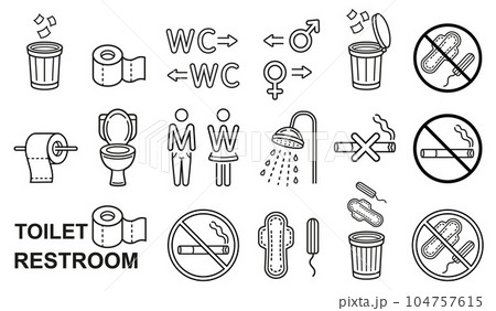 Public toilet WC, man and woman restroom, shower room, paper tissue towel roll icon set. Do not flush litter down lavatory pan. Hygiene sanitary pad. No smoking sign. Throw napkin in trash can vector 104757615