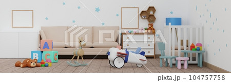 Empty frame mockup in baby kid room with doll and toy, nursery children room, Banner 3D rendering. 104757758