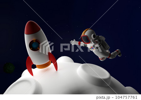 Astronaut with rocket and shuttle floating in space with asteroids moon and UFO, 3D rendering. Astronaut with rocket and shuttle floating in space with asteroids moon and UFO, 3D rendering. 104757761