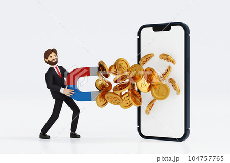 Businessman holding magnet to attract coin from mobile phone, online market business, 3D rendering. Businessman holding magnet to attract coin from mobile phone, online market business, 3D rendering. 104757765