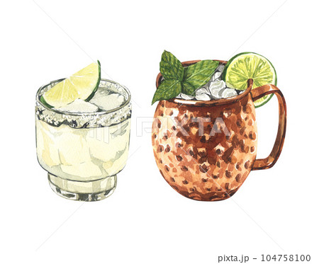 Watercolor moscow mule cocktail, lime margarita with lime and mint leaves. Hand-drawn illustration isolated on white background.Perfect for recipe lists with alcoholic drinks, brochures for cafe 104758100