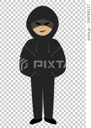フードを被って不気味な笑みを浮かべる犯人。全身黒づくめの怪しい人物。 104760117