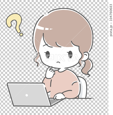 一位女士看著筆記本電腦並有一個問號 104760683