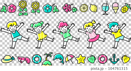 笑顔でジャンプする子供たちと夏イメージのグッズ 104761315