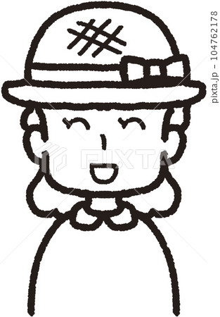 麦わら帽子をかぶって正面を向いて笑っている女性の上半身線画イラスト 麦わら帽子をかぶって正面を向いて笑っている女性の上半身線画イラスト 104762178