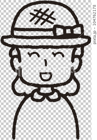 麦わら帽子をかぶって正面を向いて笑っている女性の上半身線画イラスト 麦わら帽子をかぶって正面を向いて笑っている女性の上半身線画イラスト 104762178