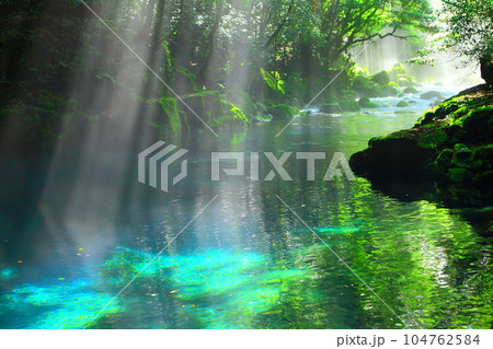 光芒の出る夏の菊池渓谷（菊池市） 104762584