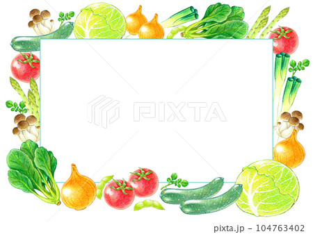 様々な種類の人気の野菜のイラストフレーム素材　A4横 104763402