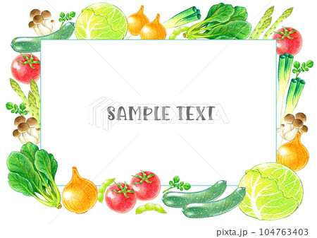 様々な種類の人気の野菜のイラストフレーム素材　A4横 104763403