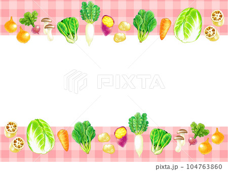 様々な種類の人気の野菜のイラストフレーム素材 A4横 様々な種類の人気の野菜のイラストフレーム素材 A4横 104763860