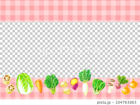 様々な種類の人気の野菜のイラストフレーム素材　A4横 104763863