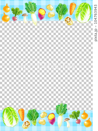 様々な種類の人気の野菜のイラストフレーム素材　A4縦 104763943