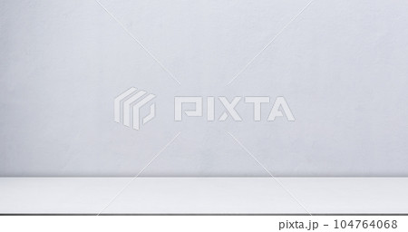 Grey White Studio Room Background Place Platform,Gray Pattern Table Kitchen Counter Bar Shelf Backdrop,Abstract Texture Design with Sun Light on Floor Wall,Workplace Desk Interior Template Plant. 104764068