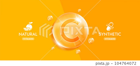 Synthetic and Natural vitamin C droplet. Banner design for ad dietary supplement, pharmacy or clinic. Vitamin minerals complex beauty skincare. Medical scientific concepts. Realistic 3D Vector. Synthetic and Natural vitamin C droplet. Banner design for ad dietary supplement, pharmacy or clinic. Vitamin minerals complex beauty skincare. Medical scientific concepts. Realistic 3D Vector. 104764072