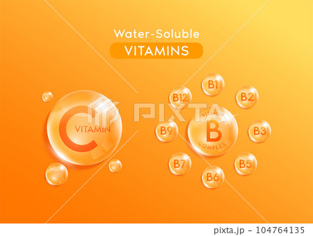 Water soluble vitamins. Orange water drop. Essential vitamin for human body. Medical scientific concepts. Realistic 3D Vector. Water soluble vitamins. Orange water drop. Essential vitamin for human body. Medical scientific concepts. Realistic 3D Vector. 104764135