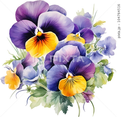 floral, illustration, flower, watercolor, spring, garden, plant, botanical, nature, summer, blossom, purple, decoration, background, petal, vintage, leaf, bloom, design, art, card, violet, beautiful 104764516