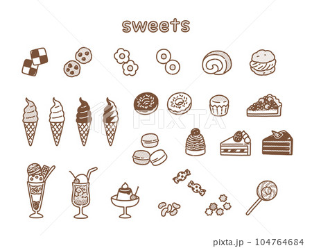 おしゃれな手描きのスイーツイラストセット おしゃれな手描きのスイーツイラストセット 104764684
