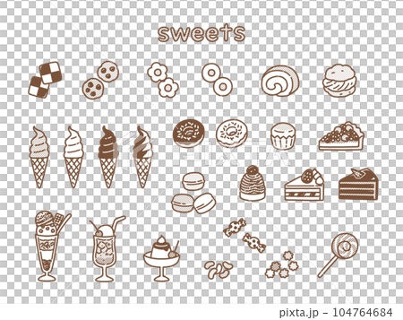 おしゃれな手描きのスイーツイラストセット おしゃれな手描きのスイーツイラストセット 104764684