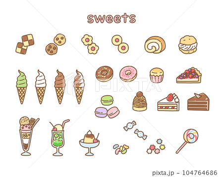 ポップでかわいい手描きのスイーツイラストセット 104764686