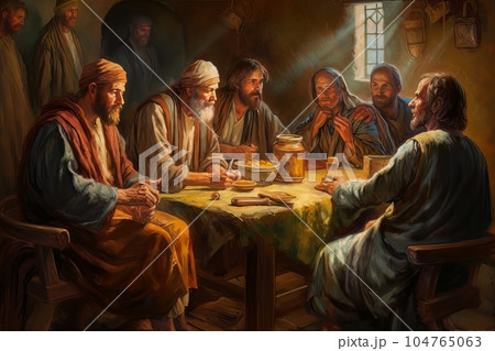 Abstract church religious fresco based on the Last Supper AI Abstract church religious fresco based on the Last Supper AI 104765063