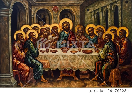 Abstract church religious fresco based on the Last Supper AI 104765084