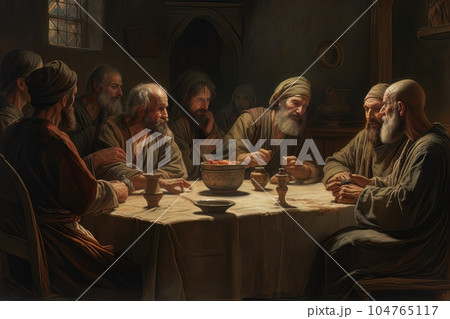 Abstract church religious fresco based on the Last Supper AI Abstract church religious fresco based on the Last Supper AI 104765117