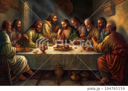 Abstract church religious fresco based on the Last Supper AI 104765159