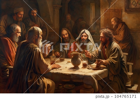 Abstract church religious fresco based on the Last Supper AI 104765171