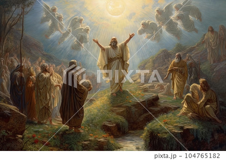 Apostles with wings soar in the sky above the crowd of the righteous AI 104765182