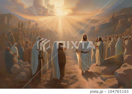 Biblical abstract illustration pilgrimage of believers to a sacred place AI 104765183