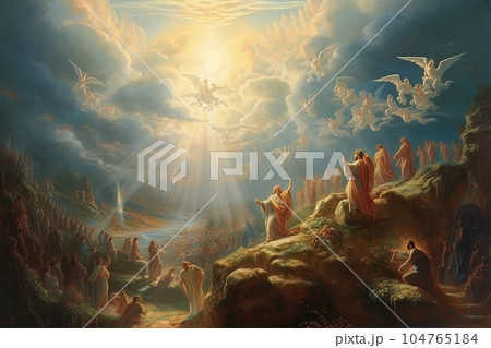 Crowd of Orthodox believers stretches their hands to the angels soaring in heaven AI Crowd of Orthodox believers stretches their hands to the angels soaring in heaven AI 104765184