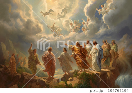 Crowd of Orthodox believers stretches their hands to the angels soaring in heaven AI 104765194